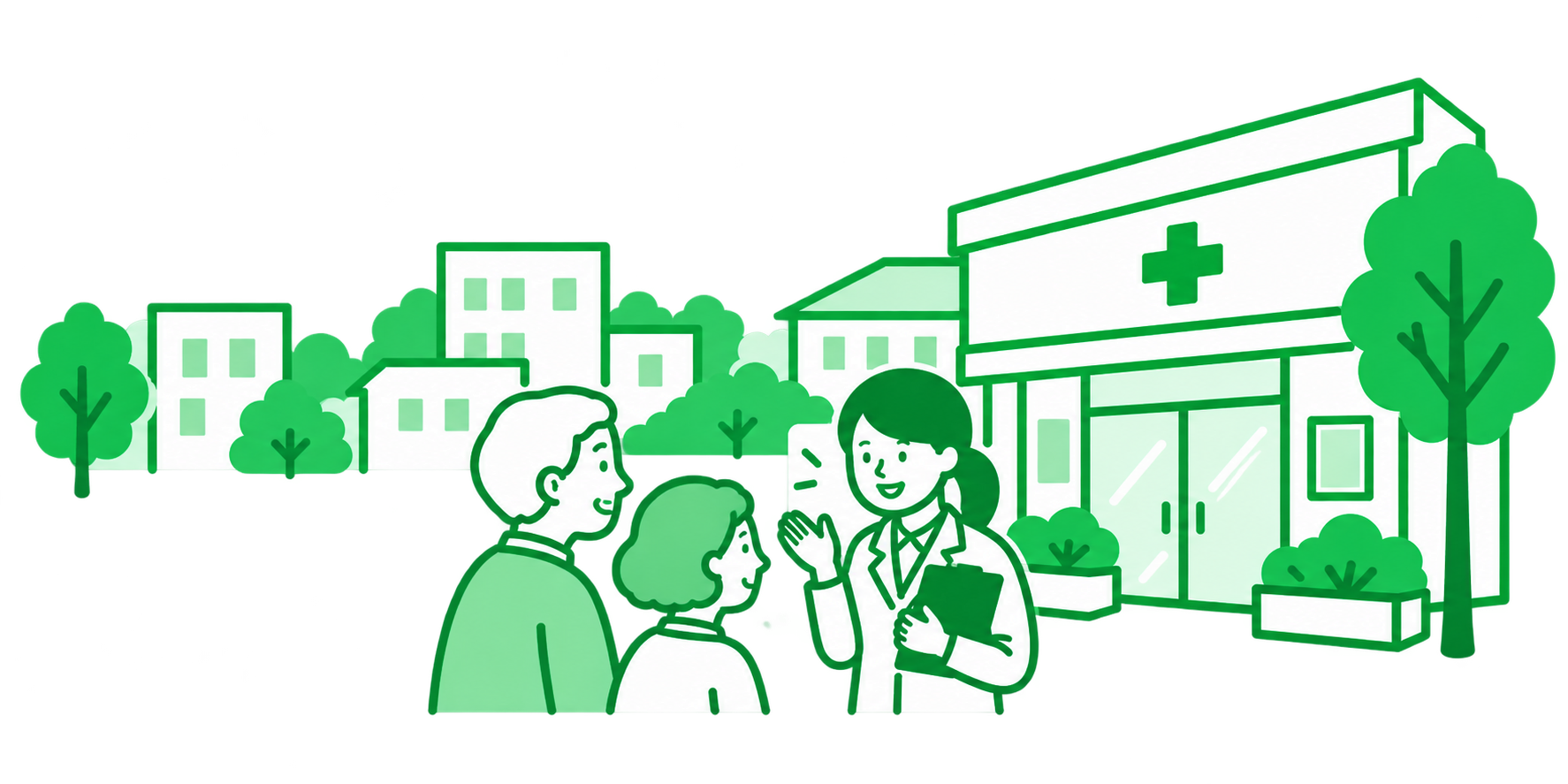 地域の薬局で相談する住民と薬剤師